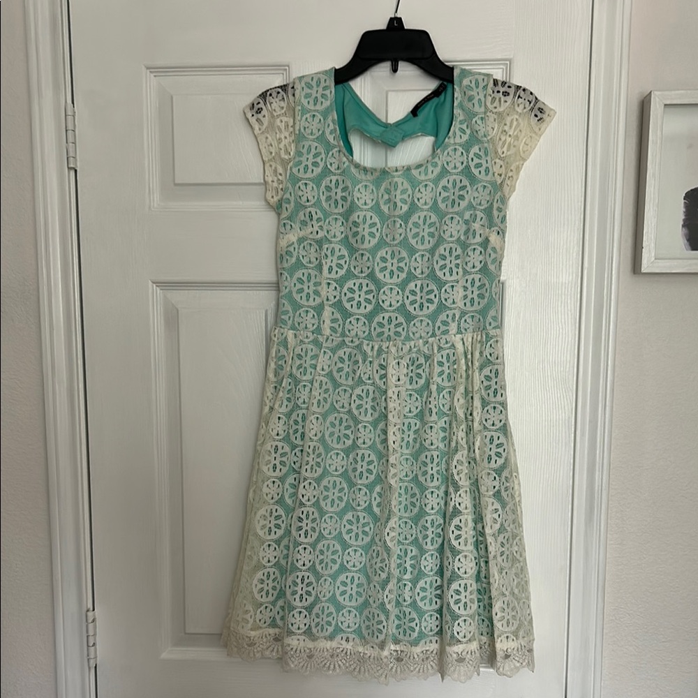 Doe & Rae light teal A-Line Sundress floral lace pattern